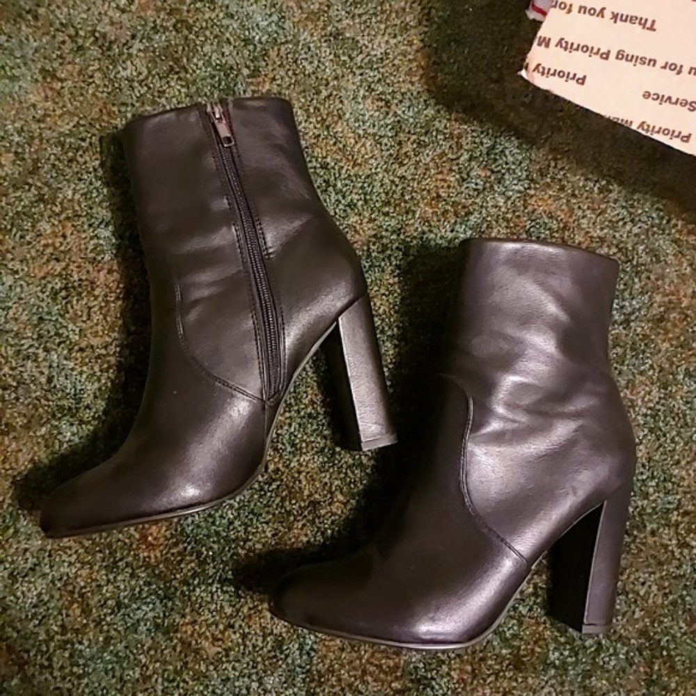 black faux leather heeled booties